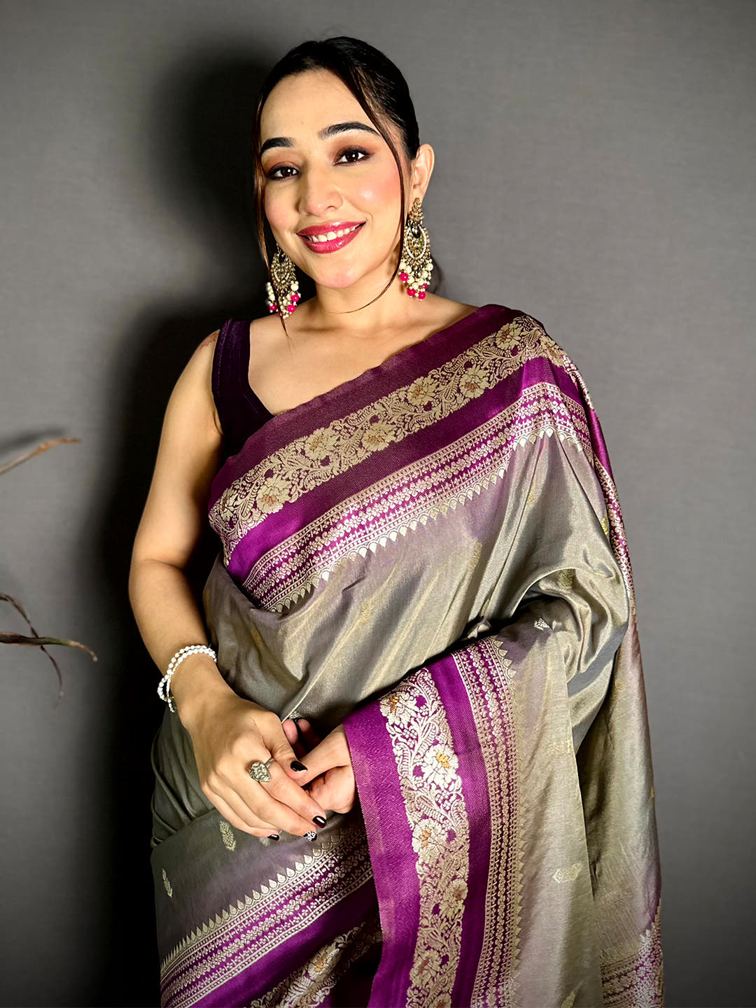 Gold Zari Woven Grey Soft Silk Saree