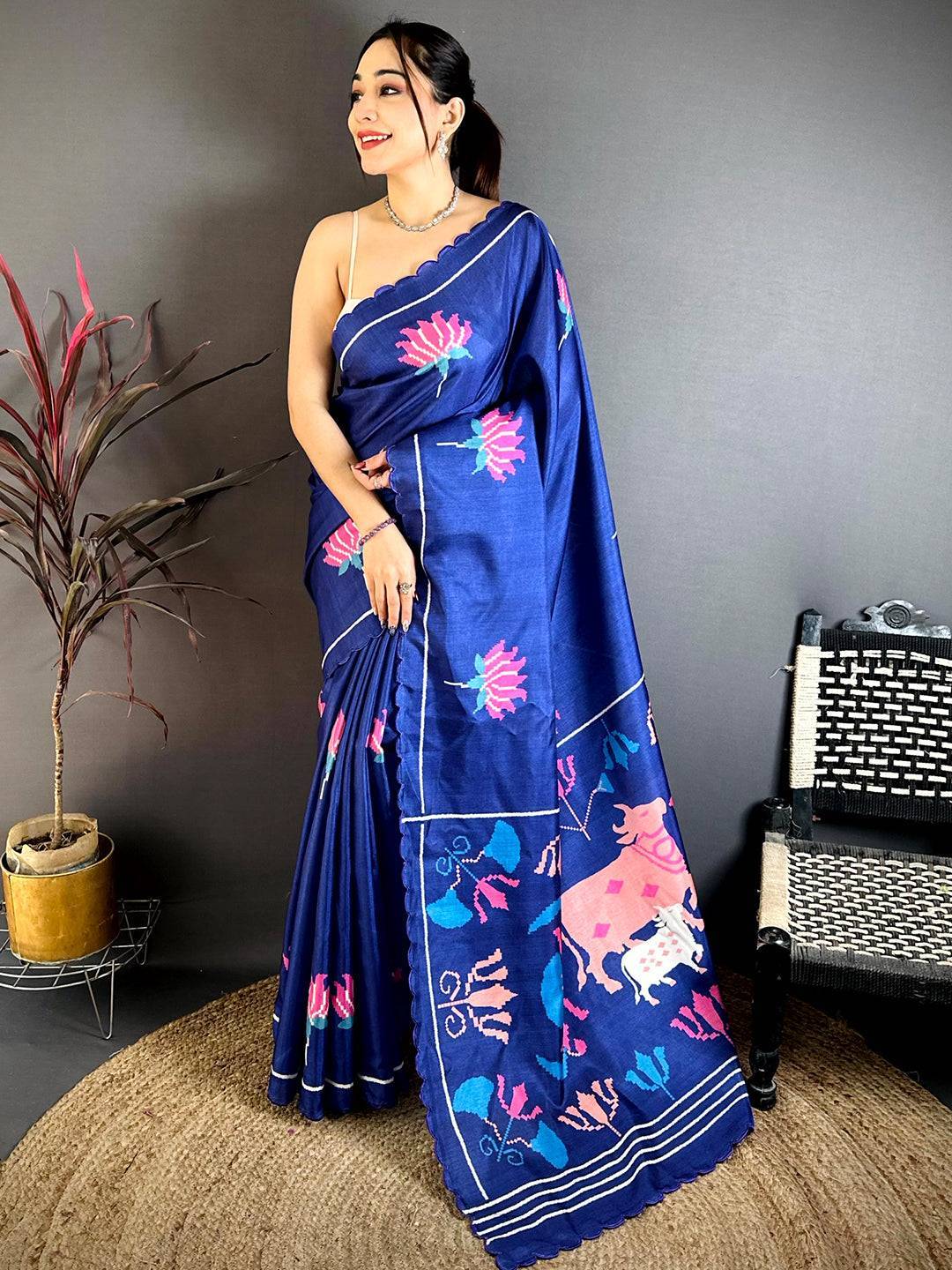 Regal Navy Tussar Thread Cut Work Saree