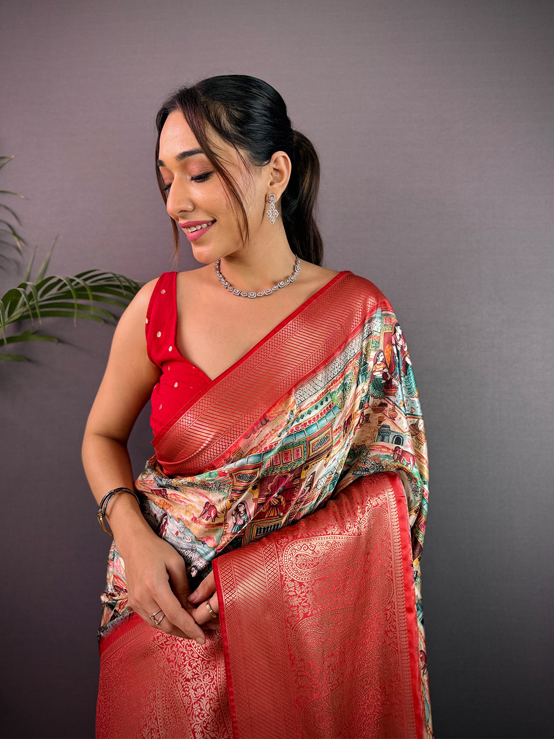 Multi Cherry Satin Kalamkari Saree