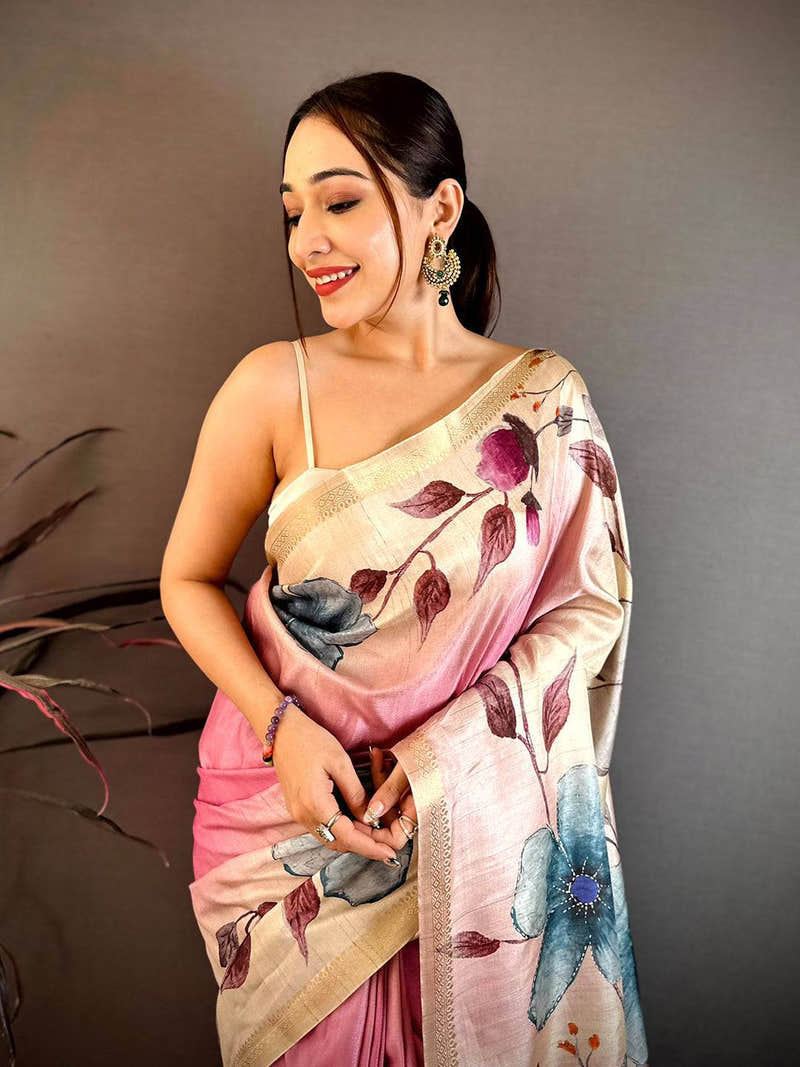 Artistic Floral Print Ghicha Weave Saree