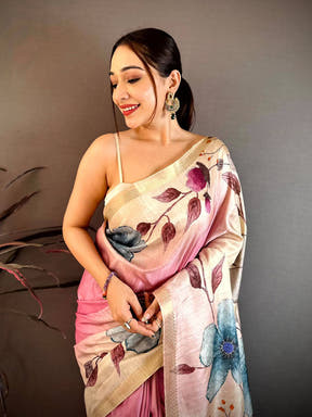 Artistic Floral Print Ghicha Weave Saree