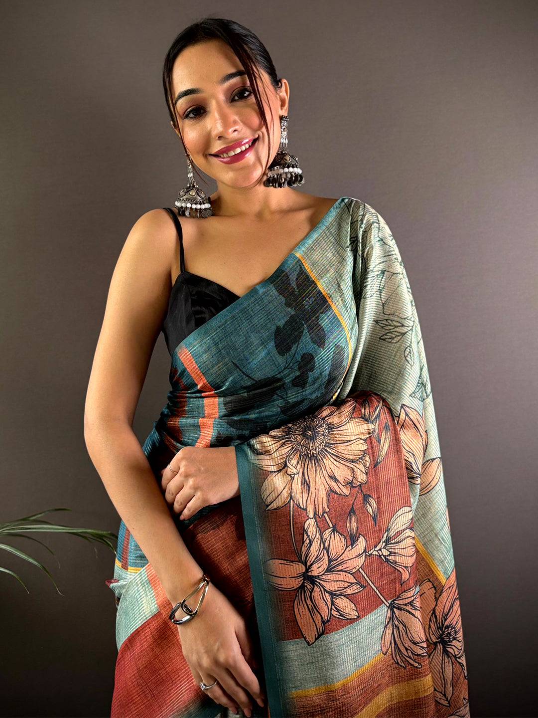 Teal Semi Gold Zari Tussar Saree