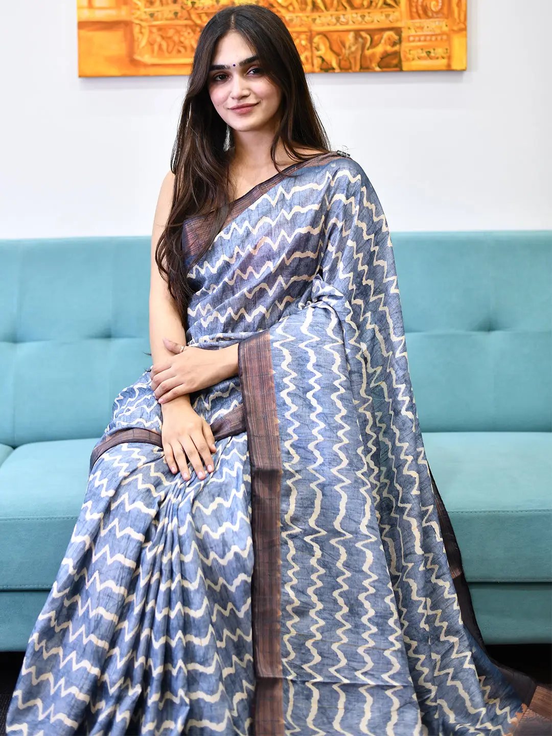 Stylish Pure Tussar Silk Saree with Ghicha geometric pattern
