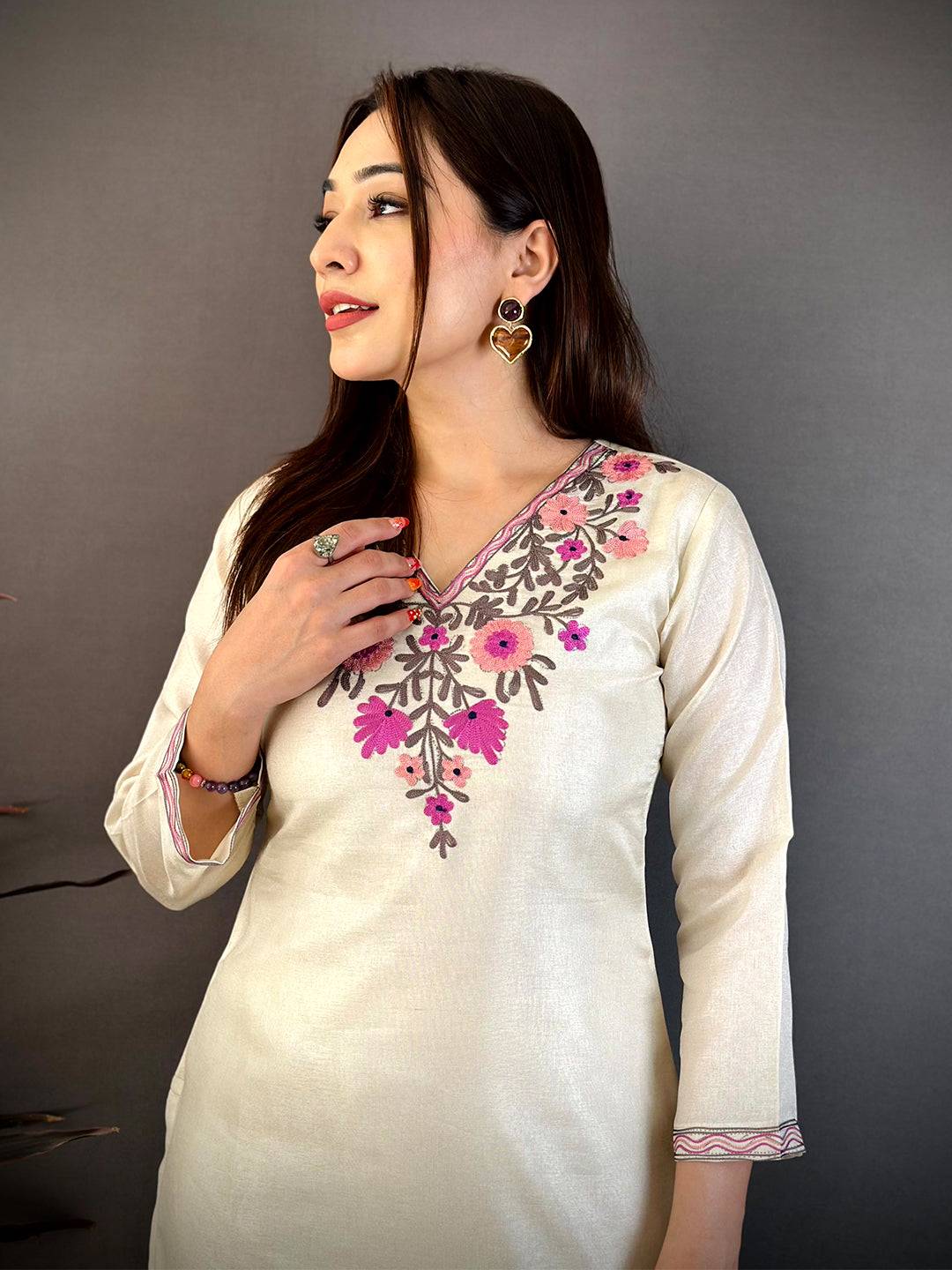Off White Ari Work Cotton Zari Kurti