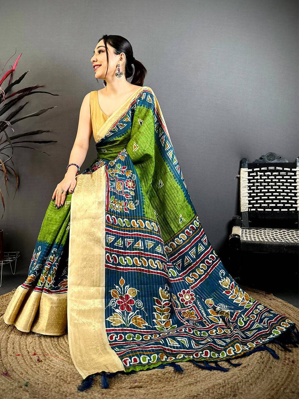 Green Dola Kalamkari Zari Stripe Saree