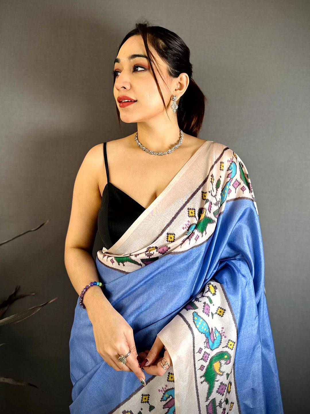 Royal Sky Blue Ikkat Soft Tussar Saree