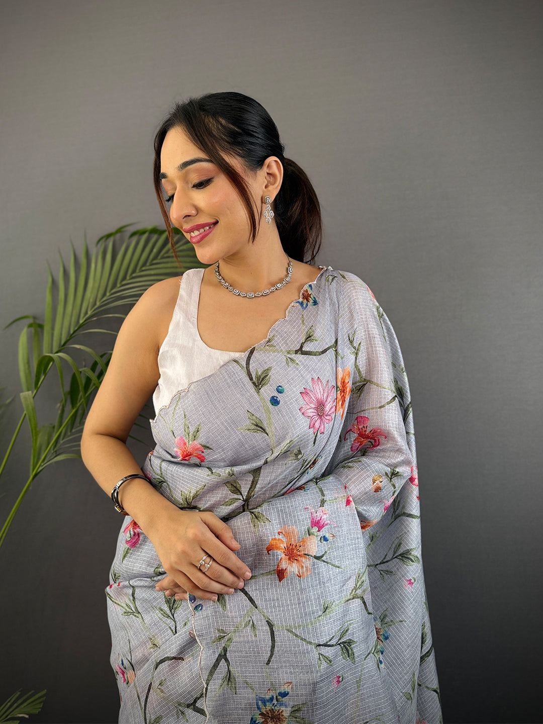 Grey Soft Kota Floral Print Saree