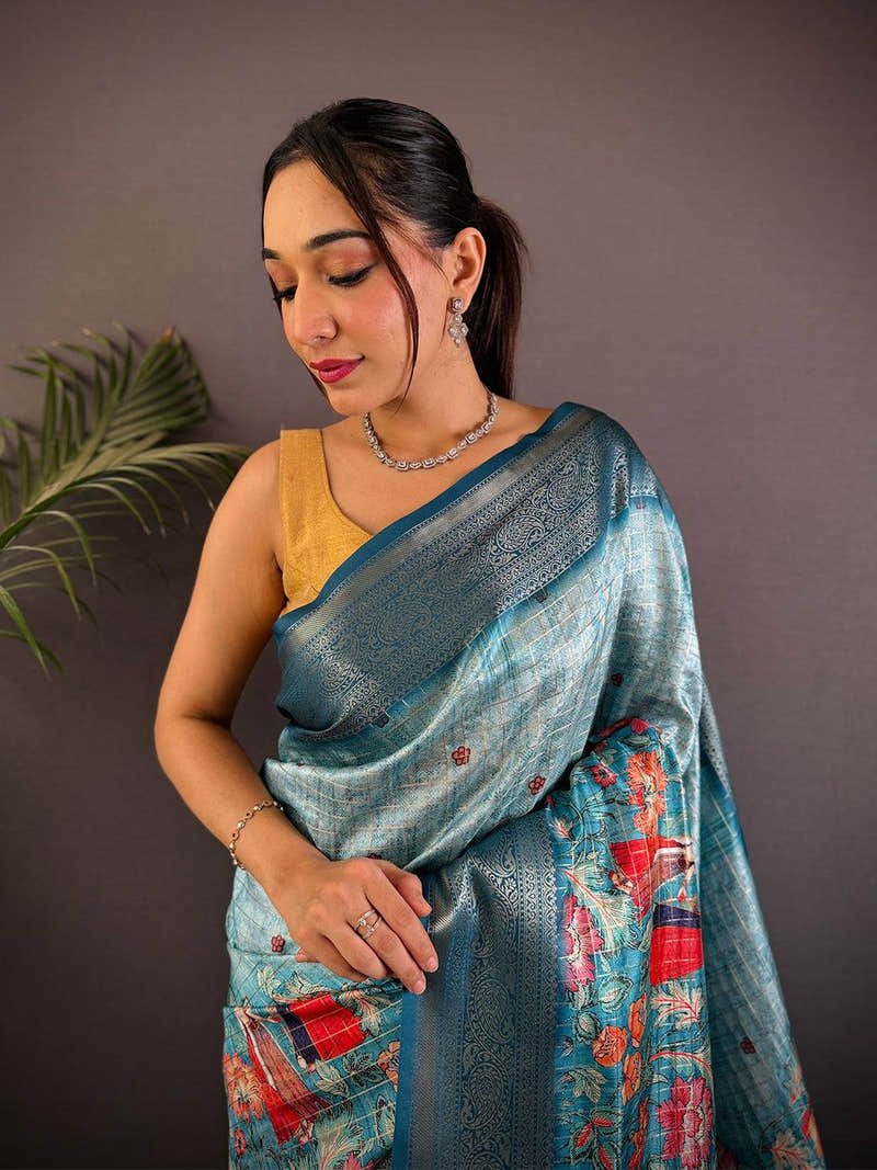 Denim Blue Banarasi Silk Digital Printed Saree