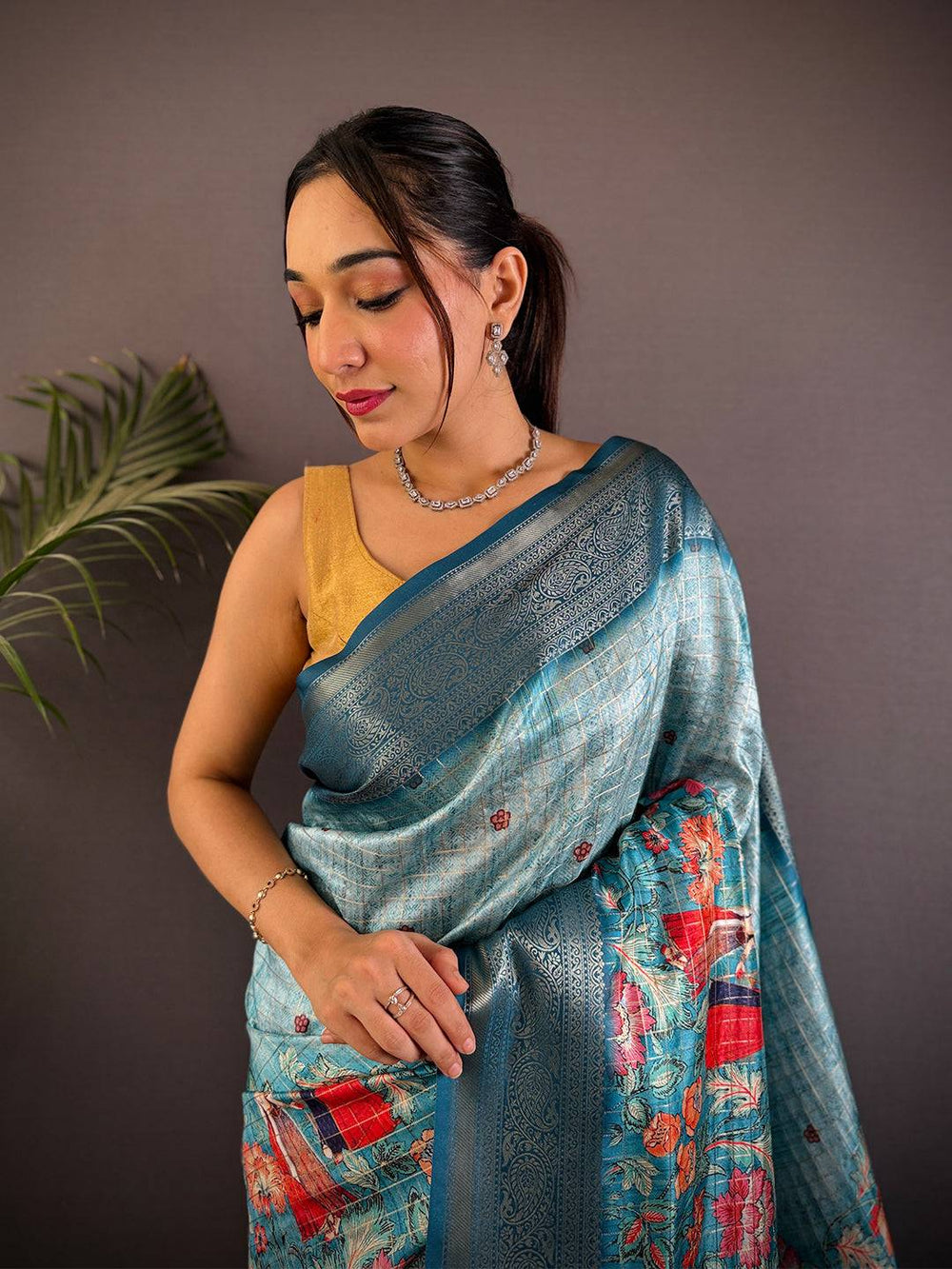 Denim Blue Banarasi Silk Digital Printed Saree