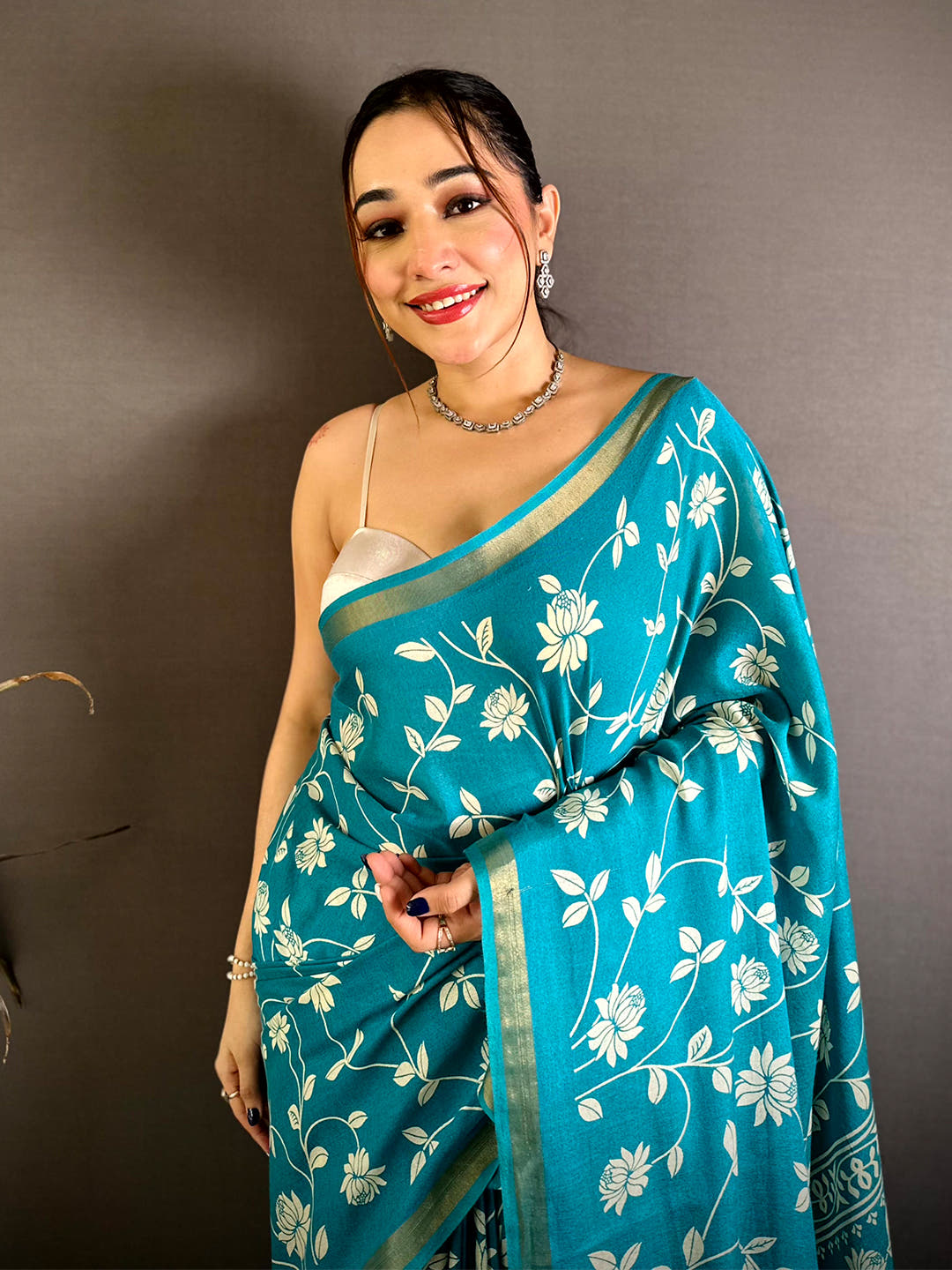 Teal Leaf Printed Mul Cotton Saree