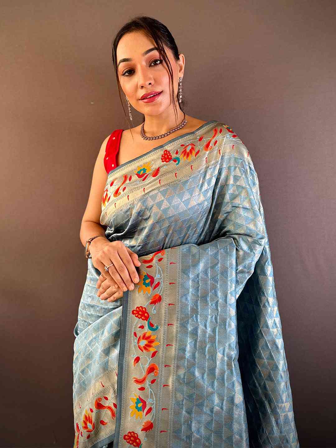 Light Blue Silk Blend Woven Zari Work Paithani Saree
