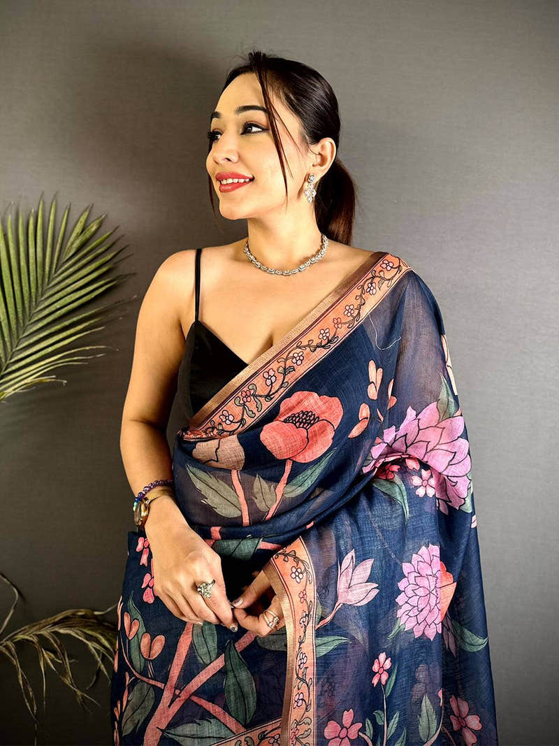 Navy Floral Soft Linen Summer Saree