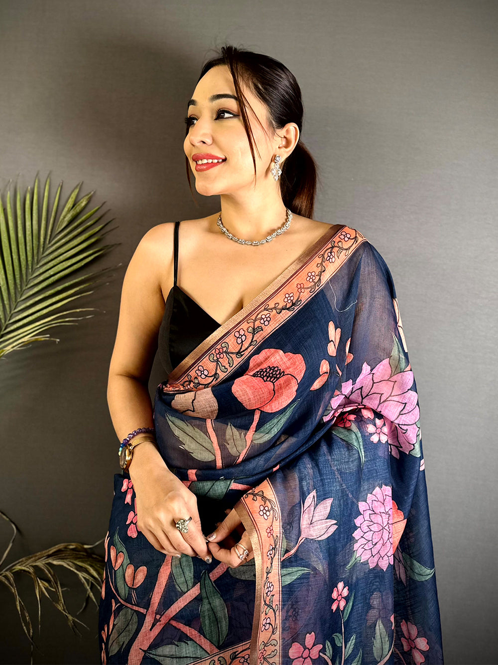 Navy Floral Soft Linen Summer Saree