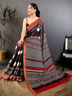 Exclusive Block Ajrakh Print Soft Tussar Saree


