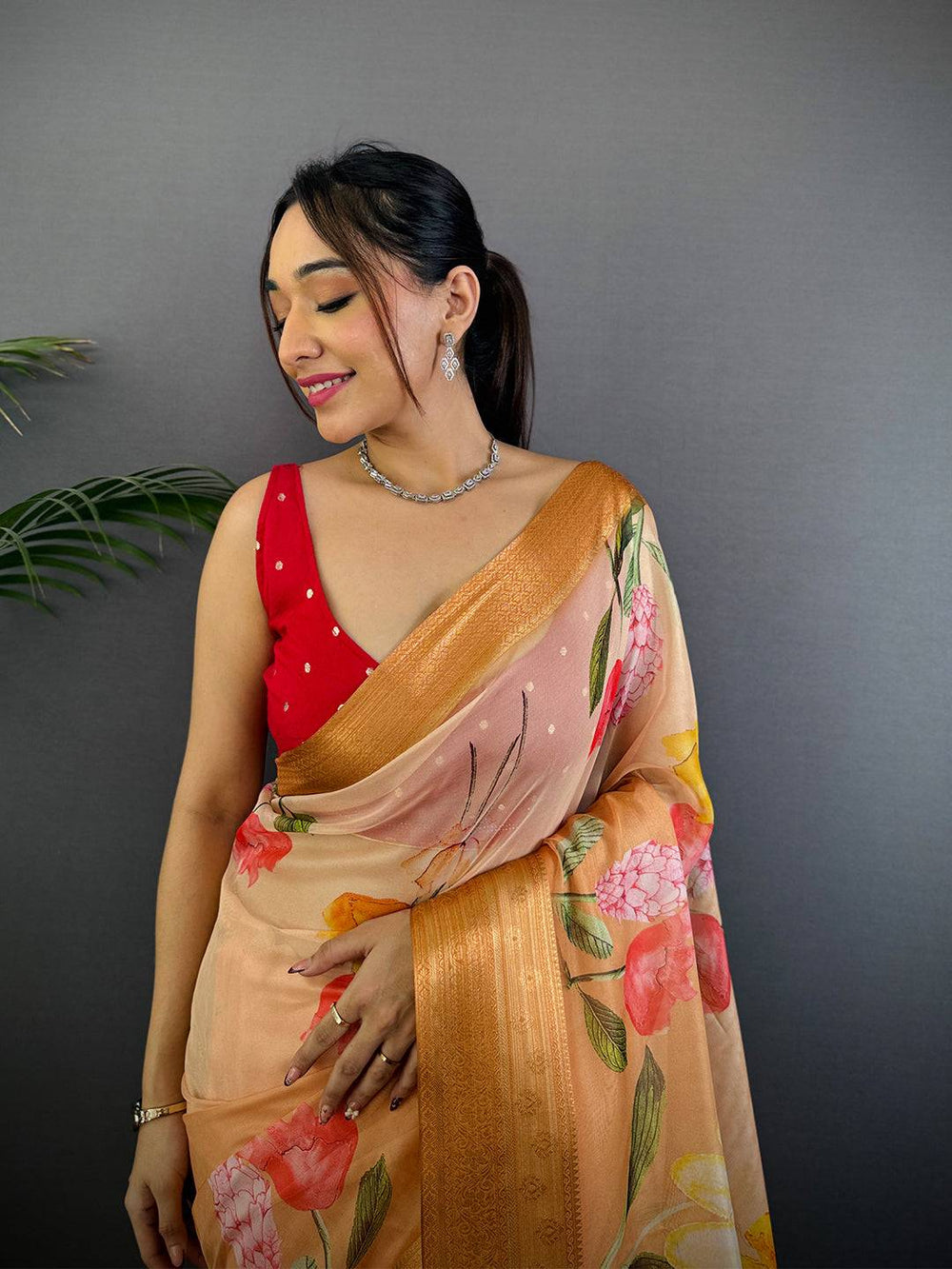 Orange Soft Organza Digital Print Saree