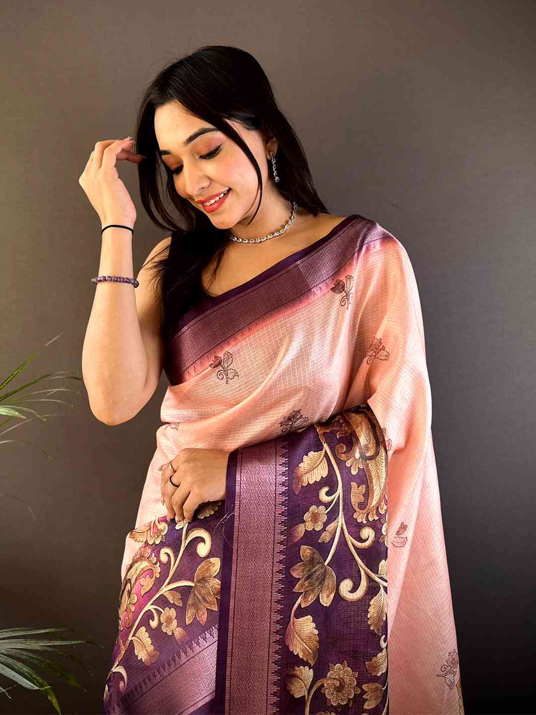 Pastel Pink Kota Doriya Zari Weave Digital Print Saree