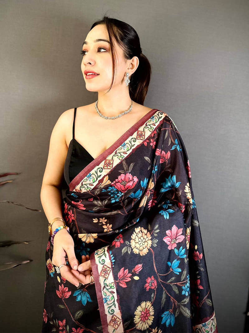Wine Tussar Pen Kalamkari Print Saree