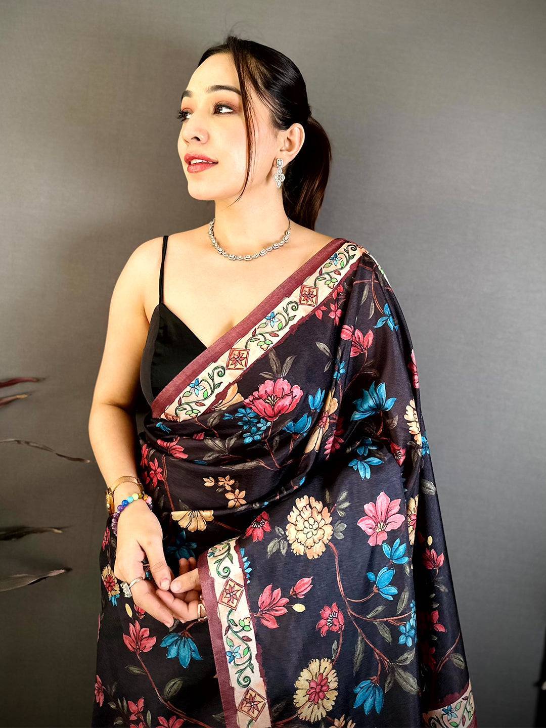 Wine Tussar Pen Kalamkari Print Saree