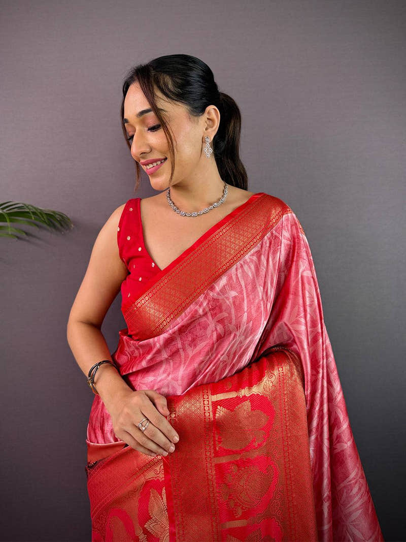 Radiance Soft Cherry Satin Kalamkari Print Saree