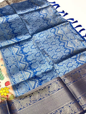 Beige Floral Printed Banarasi Saree