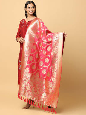 Opulent Gajari silk blend dupatta with gold woven motifs