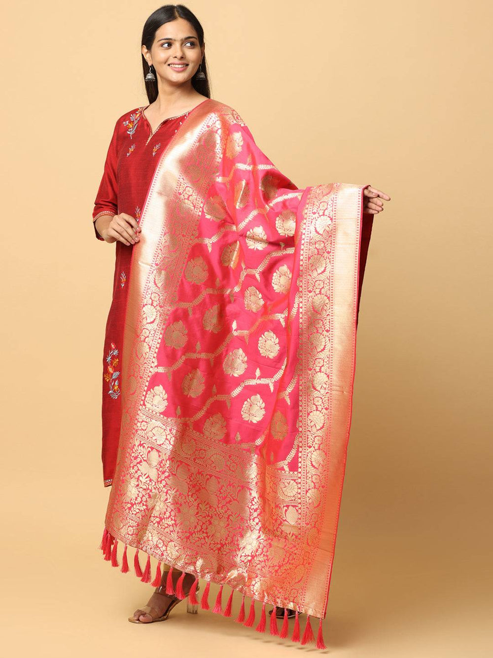 Opulent Gajari silk blend dupatta with gold woven motifs