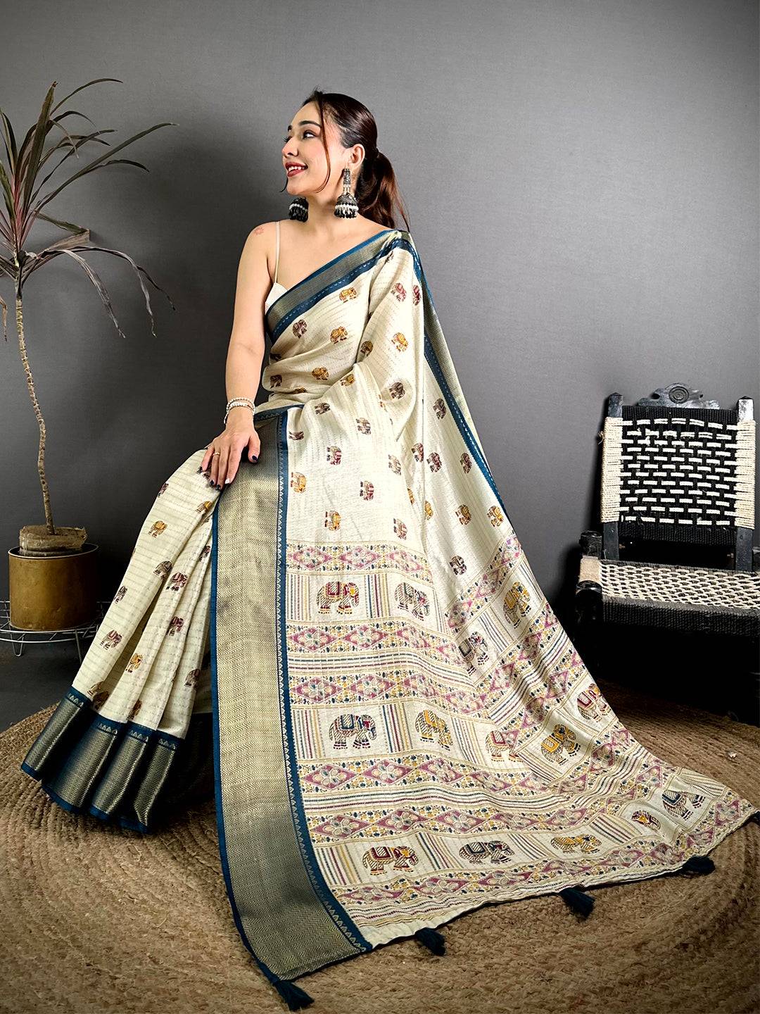 Elegant Ajrakh Block Kalamkari Dola Saree
