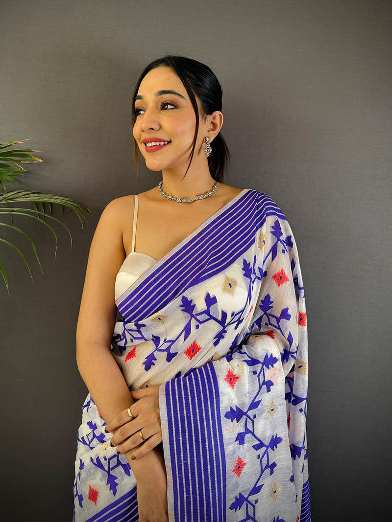 Royal Purple Soft Dhakai Jamdani Silk Saree