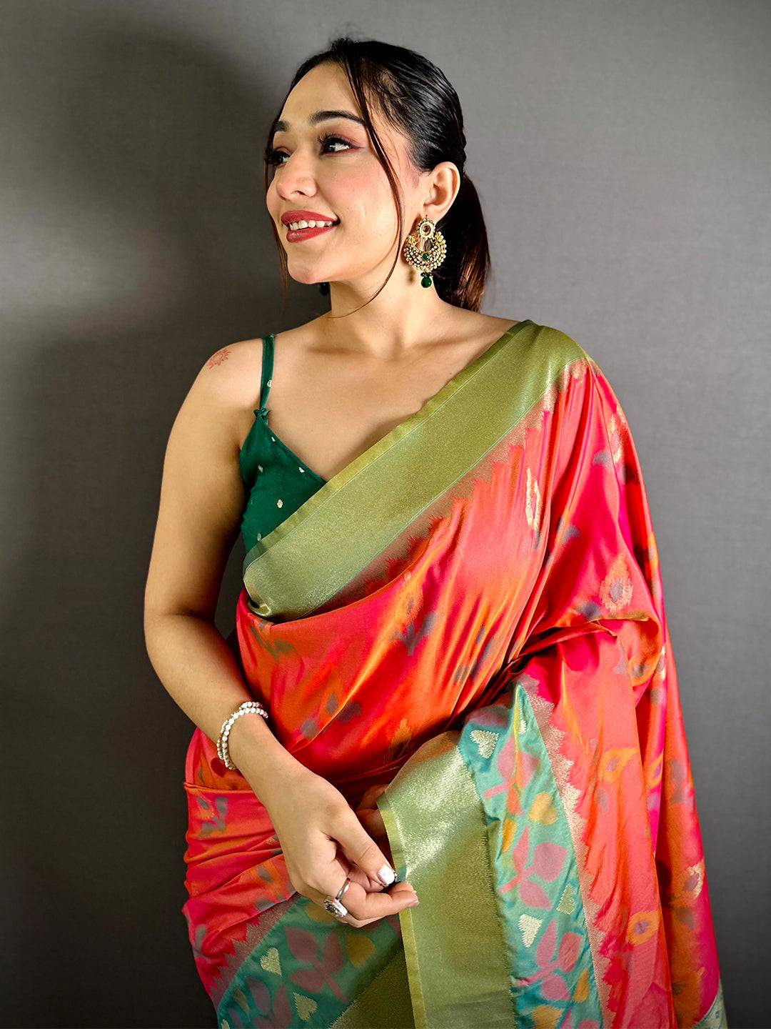 Coral Soft Silk Pochampally Ikkat Minakari Saree