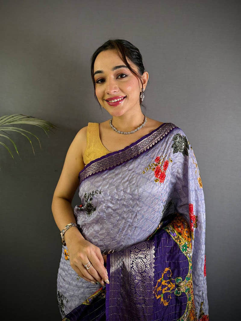 Lavender Pure Viscose Floral Printed Saree