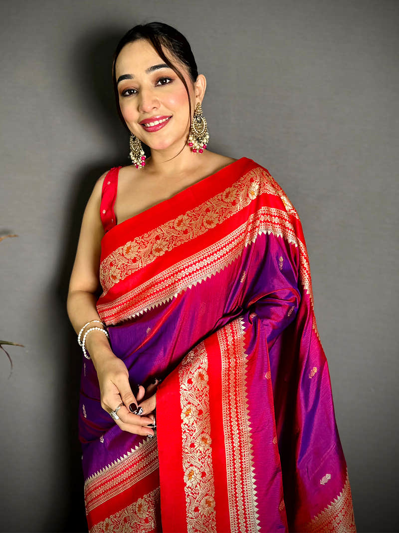 Gold Zari Woven Purple Soft Silk Saree