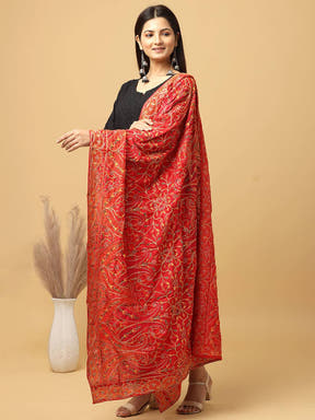 Side view of red pashmina threadwork dupatta on model