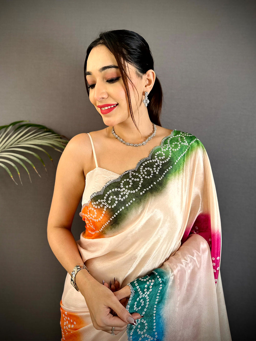 Stylish Chiffon Bandhej Swarovski Saree