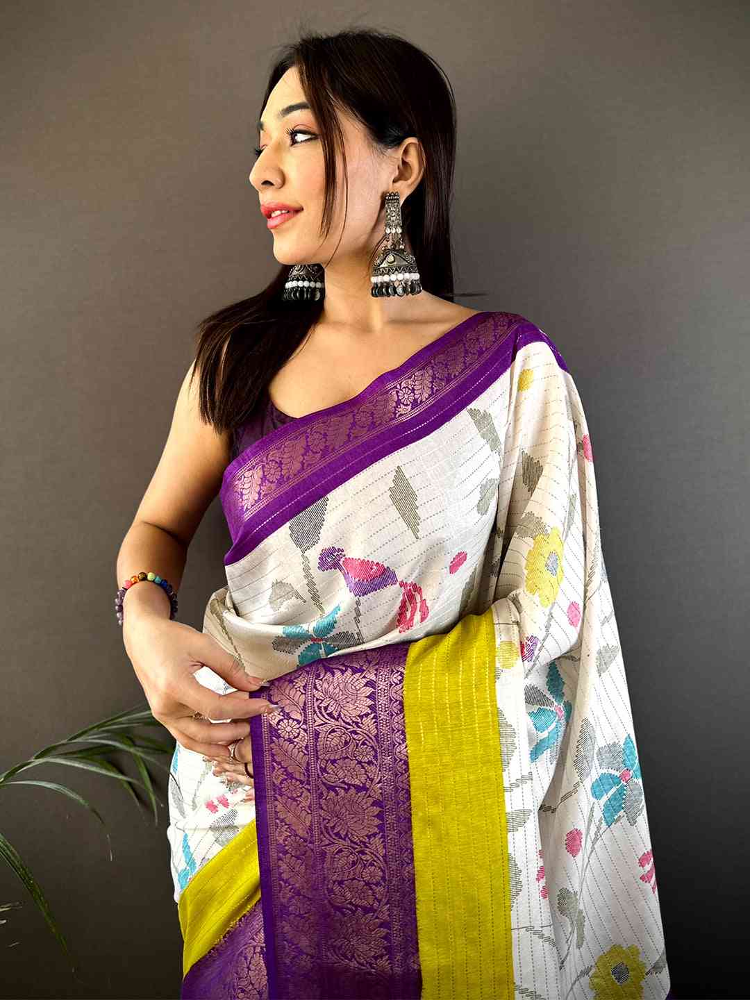 Purple Dola Silk Bird Print Saree