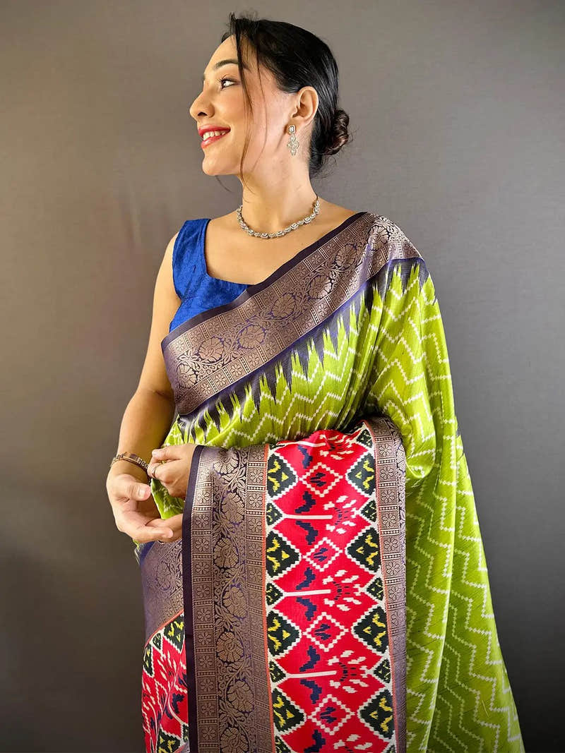 Parrot Green Soft Silk Zigzag Saree with Zari Double Border