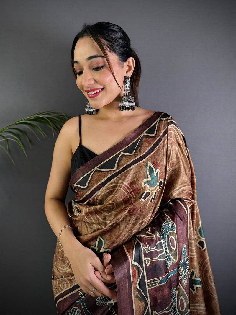 Brown Soft Dola Silk Printed Saree