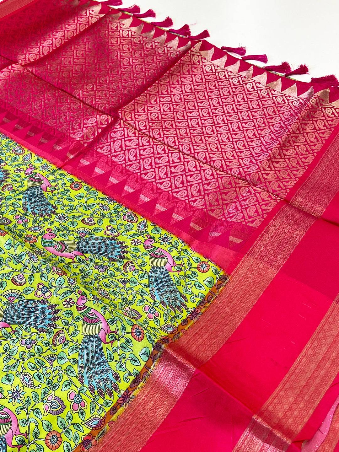 Lime Green Banarasi Silk Peacock Floral Saree