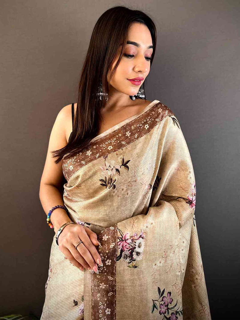 Beige Zari Tussar Floral Print Saree
