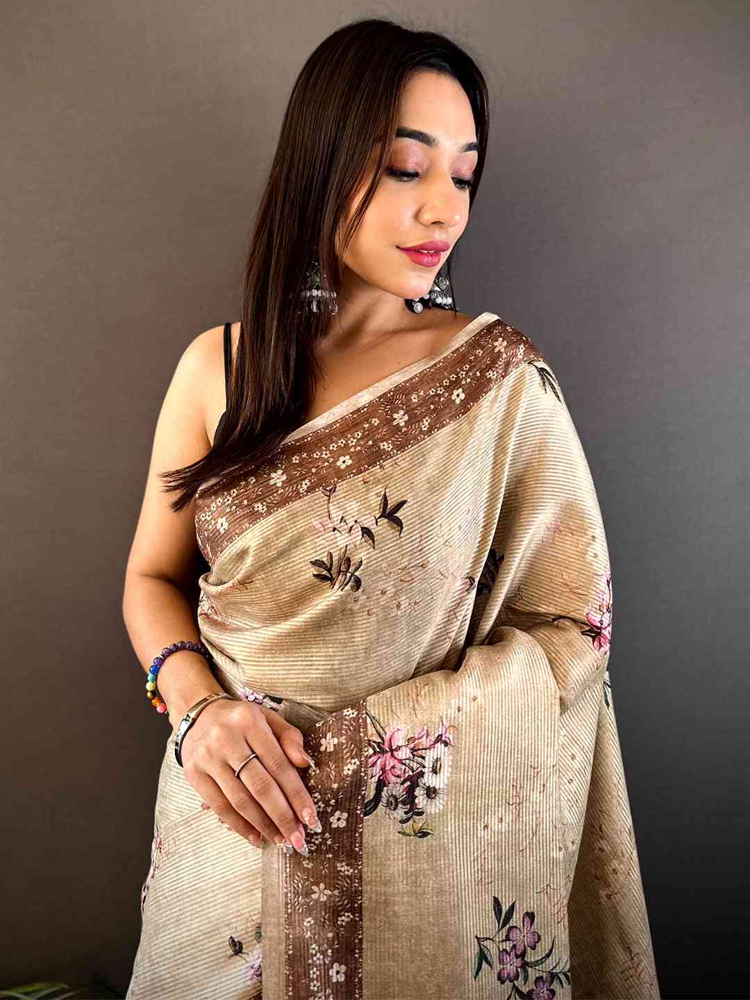 Beige Zari Tussar Floral Print Saree