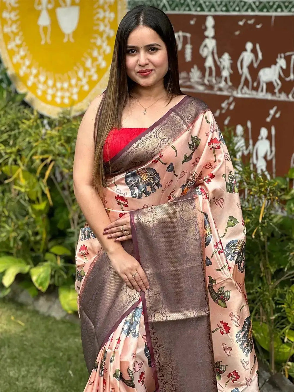 Close-up of Kalamkari digital print saree, intricate patterns