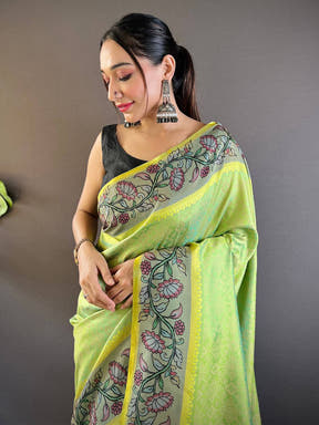 Lime Patola And Kalamkari Fusion Saree