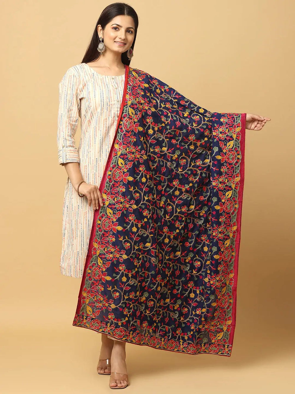 Navy chiffon dupatta with colorful threadwork, front view