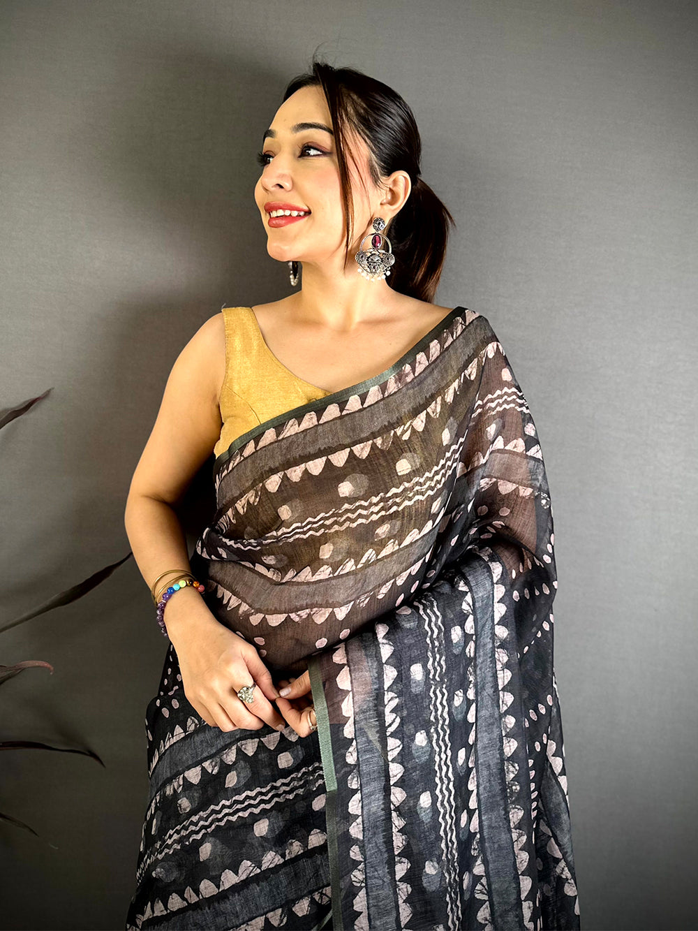 Artistic Ajrakh Print Linen Saree