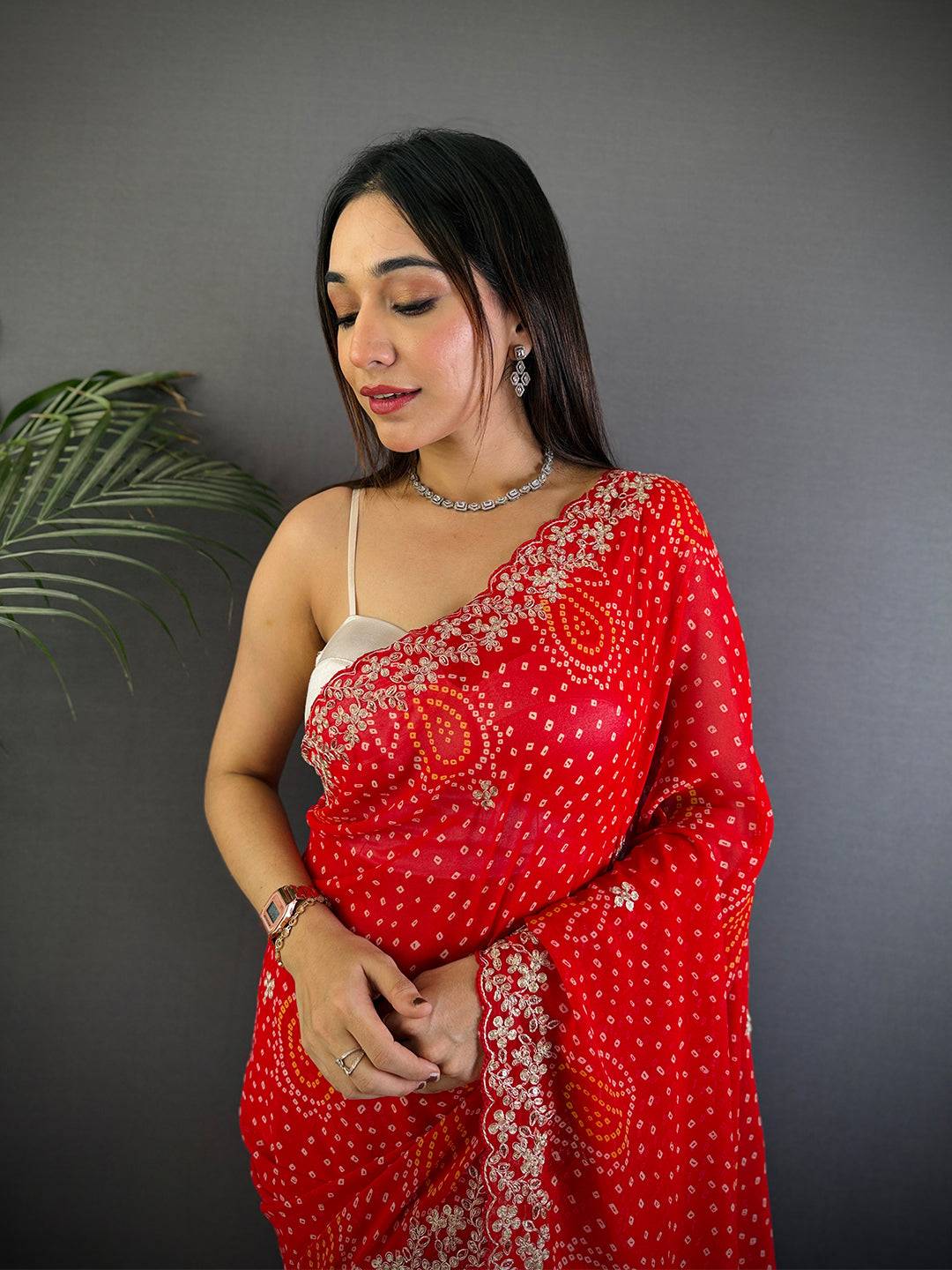 Red Soft Georgette Bandhej Print Saree