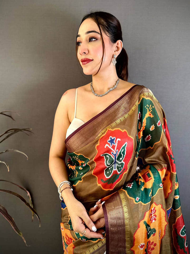 Brown Soft Dola Big Ikkat Minakari Print Saree