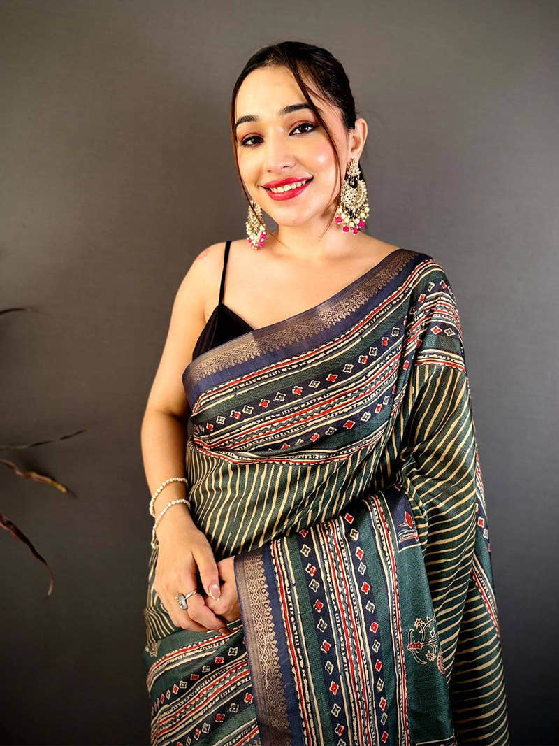 Radiant Block Ajrakh Print Soft Tussar Saree