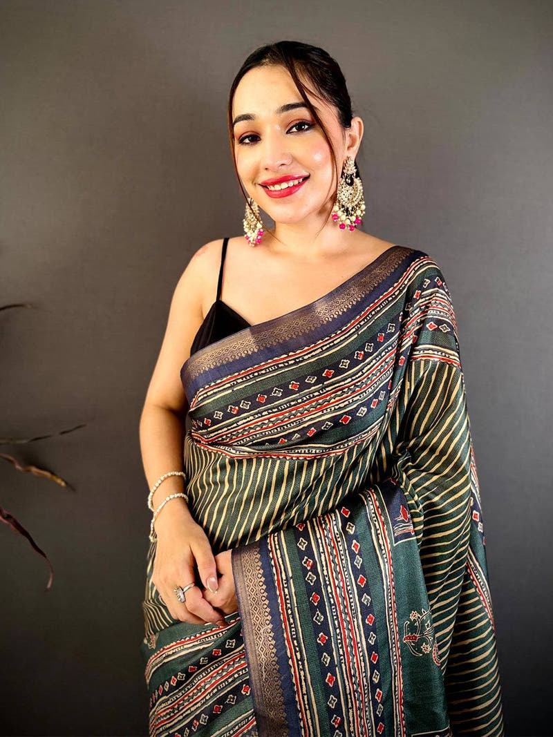 Radiant Block Ajrakh Print Soft Tussar Saree