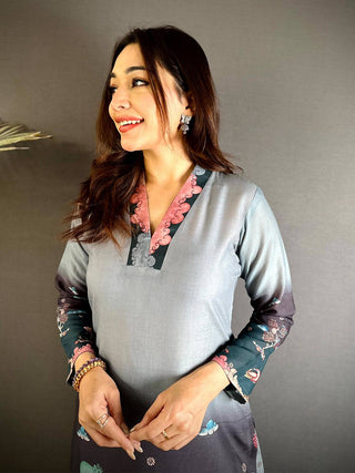 V Collar Neck Kalamkari Art Kurti