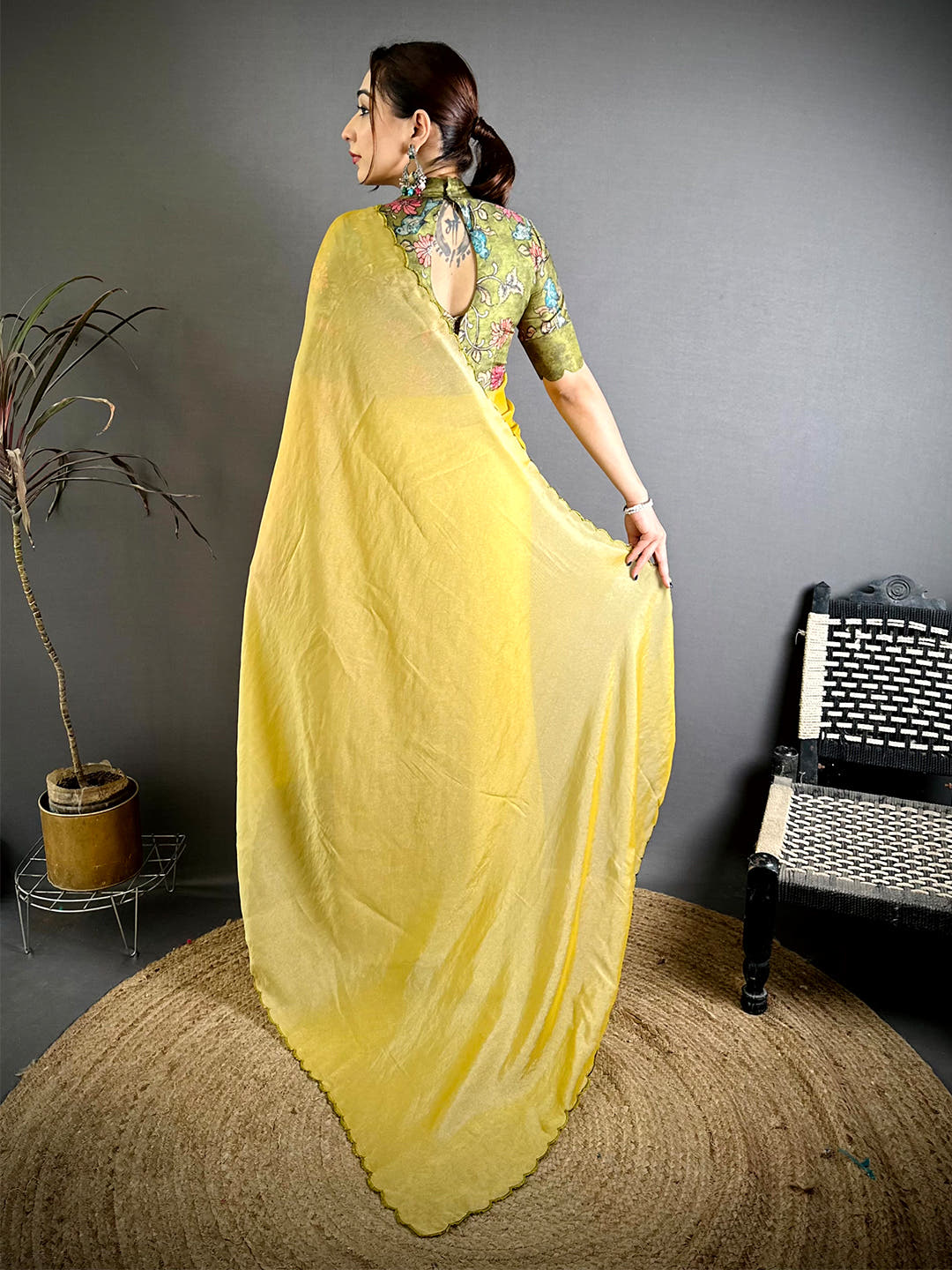 Stylish Mustard Silk Embroidery Cutwork Saree