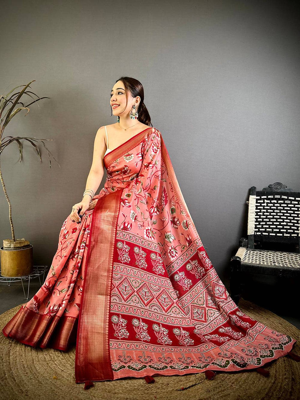 Peach Soft Dola Silk Floral Kanchi Border Saree